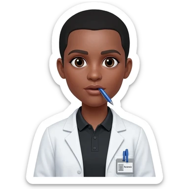 Hacer un emoji con bata, que se alcance a ver una bolígrafo azul en la bata, una polo color negro y un gafete colgando que diga forense, la cara que sea un poco femenina, cabello muy corto, que de su boca salga un globo de hablar que diga 53 sticker