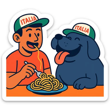 vibrant toon style guy in Italy eating pasta with a huge, happy, fat whale of a dog wearing an Italy hat sticker