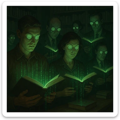 symbolic scene: people in a library, all with hypnotized eyes, reading books emitting green light and digital codes, surreal and controlled environment, 4K quality sticker