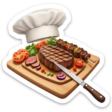 icon featuring a chef’s hat, a cutting board with fresh ingredients, a knife, a beautifully cooked ribeye steak, shashlik skewers, and a plate of food in the making. The design captures the passion of cooking with warm, inviting colors, and realistic textures. Transparent background. sticker