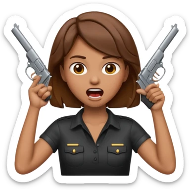 the woman emoji with brown hair and tan skin choking herself  with both hands around her neck with her mouth open and two arms from behind her holding a gun in each hand point directly at her head sticker