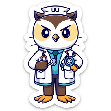 Twilio owl wearing doctor outfit with stethoscope and white coat sticker