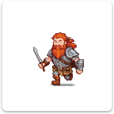 pixel art ginger viking with red beard and armor, running animation frame 2, mid-stride sticker