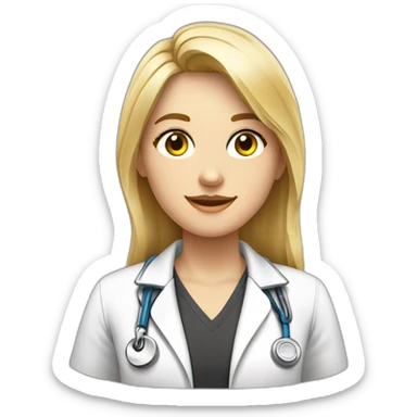 Crea un avatar de medio cuerpo de una joven nutricionista rubia oscura.  con grandes ojos grises, rostro delgado, cabello largo, comienza por ahí y perfecciona el resultado. sticker