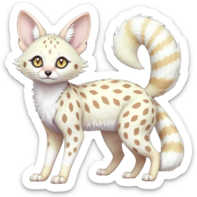 White Albino pastel light whitish grey-spotted Serval-Civet-Genet-Trico-Furret-Linoone-Noibat-Espeon-Fakémon-Pokémon-animal-hybrid-fusion-creature (full body) with vibrant glowing eyes, cute, elegant, soft, realistic, pastel fur sticker