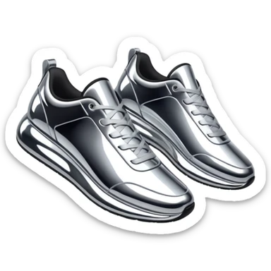 A pair of futuristic sneakers emoji made of silver chrome, sleek streetwear design, smooth metallic panels, subtle reflections, luxury swag aesthetic, iOS emoji style, centered, clean white background sticker