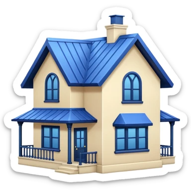 a creamy-colored house with dark blue trim and a blue roof sticker
