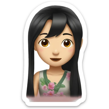 Asian girl long black hair wink kiss and peace sign sticker