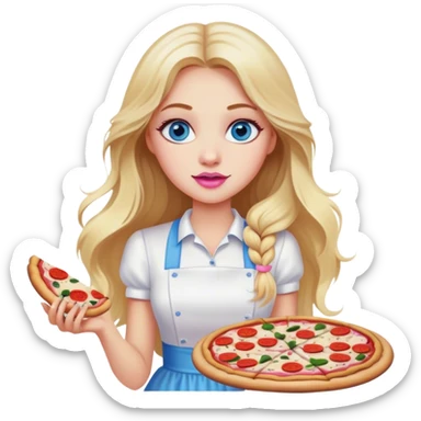 Cinematic realistic beautiful blonde with long hair, blue eyes and pink lips in a white dress cooks pizza sticker