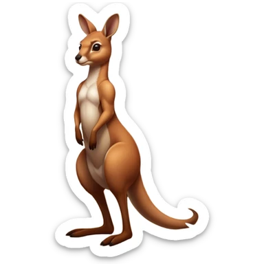 Cinematic-realistic Australian kangaroo, standing tall with powerful hind legs and a muscular tail for balance. Its reddish-brown fur glows under the golden sunlight, ears perked and eyes alert. The rugged outback stretches behind it, with dry grass and scattered eucalyptus trees completing the iconic scene. sticker