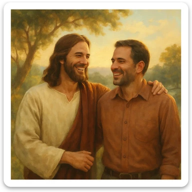 Jesus with a person, both smiling, in a peaceful outdoor scene, warm and friendly atmosphere sticker