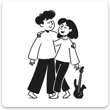 Two musicians standing side by side, both facing forward, with one's arm over the other's shoulder in a friendly side hug, both smiling, musical instruments nearby, fraternal camaraderie sticker