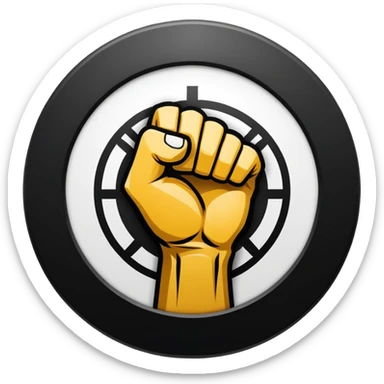 Round emblem symbolizing martial arts with a stylized fist at the center, representing the power and discipline of striking. The fist is bold and dynamic, surrounded by sharp motion lines to emphasize strength and speed.  sticker