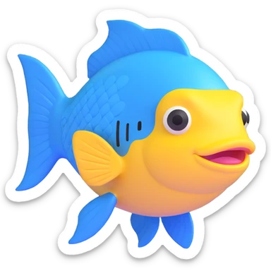 blue fish with visible scale texture, facing forward, cheerful and friendly expression, wearing a white cap with the Pescadería Buenos Aires logo perfectly centered sticker