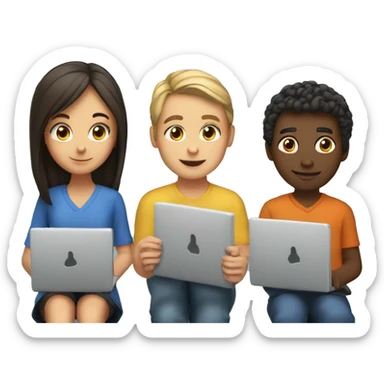 2 girl and 3 man each of them holding laptop and sit together  sticker