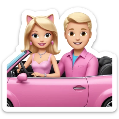 Barbie and Ken as cats sitting in a pink convertible car smiling sticker