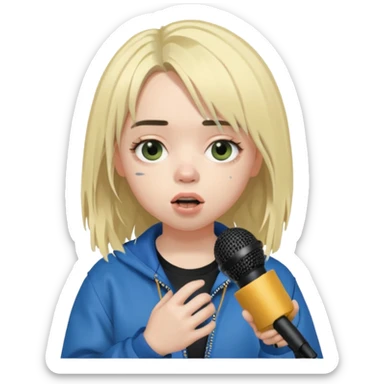 billie eilish is singing, holding mirco sticker