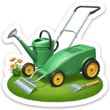 Lawn mower, rake, and watering can grouped together with a few grass clippings sticker