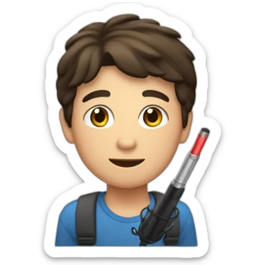 Brunette young Man holding a mic pole above his head sticker