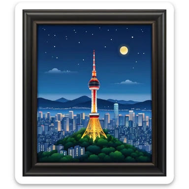 N Seoul Tower Landmark Emoji – Showing the tower atop Namsan Mountain with city lights in the background. sticker