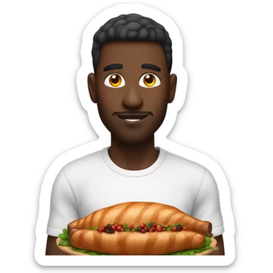 Black male with a taper fade warning a white shirt and red sweatpants eating thanksgiving food  sticker