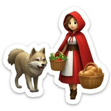 A Little Red Riding Hood with a wolf and a basket with buns going throught the forest sticker