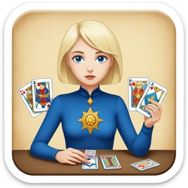 A blonde girl with blue eyes and short hair is playing tarot cards sticker