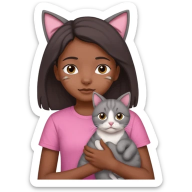 An Indian teenager girl with a pink t-shirt holding her gray cat with folded ears sticker