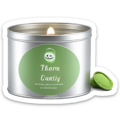 small pretty matcha scented candle in silver tin with label realistic sticker