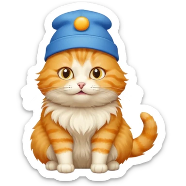 Make cat wearing cute hat that are yellow and has blue text that says More food!!! sticker