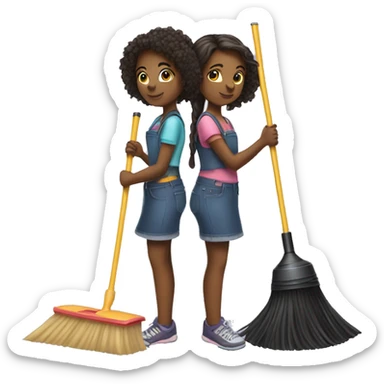 Two girls standing back to back holding vacuums and brooms sticker