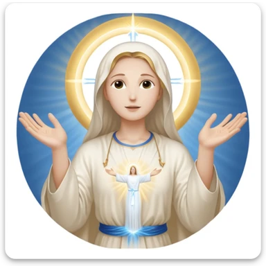 peaceful white figure with glowing aura, hands open, surrounded by soft gold and blue light, minimal and reverent, symbolizing divine mercy and inner peace sticker