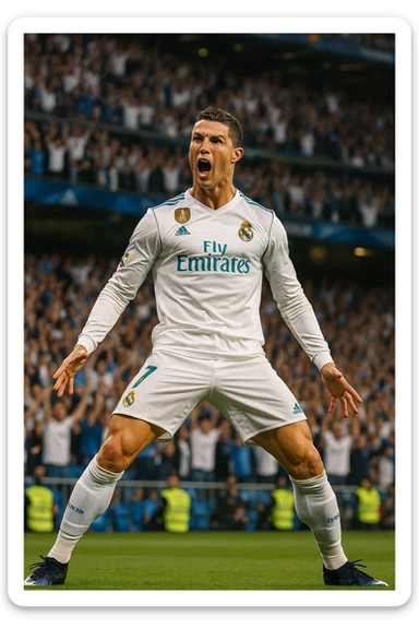 Cristiano Ronaldo celebrating a goal for Real Madrid, doing the 'siu' pose, energetic, with fans cheering in the background sticker