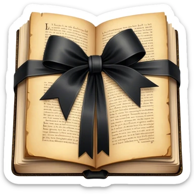 "A vintage book wrapped in aged parchment and tied with a silky black bow, hinting at a forgotten story filled with secrets."
 sticker