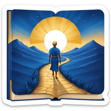 deep blue-to-golden sunrise book with textured aged cover, lone figure on path, radiating hope and purpose sticker