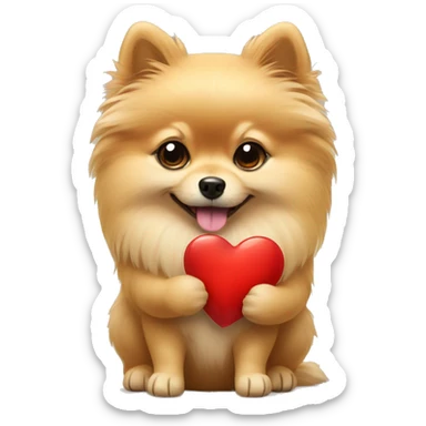 Beige pomeranian holding a heart sticker