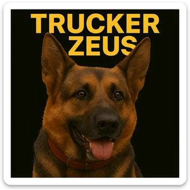 Further compress the image to reduce file size as much as possible while keeping transparency, realistic German Shepherd, and yellow 'Trucker Zeus' text. sticker