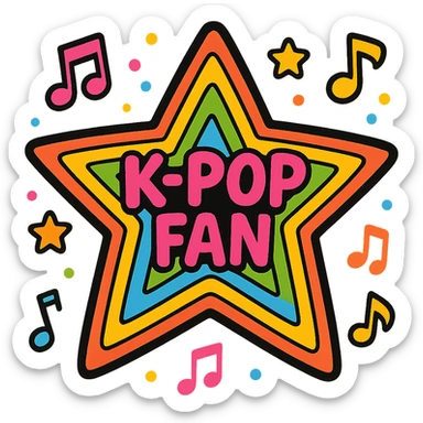 kpop fan star with rainbow stripes and music notes, fun and colorful sticker
