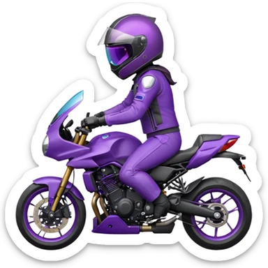 Créer un emoji avec une moto mt07 sport noir mate / violet iridescent très foncé. Avec une pilote dessus visière violet sombre faceless, bulle de la moto violet. Avec fond arrière violet, tenue complète casque inclus violet  sticker