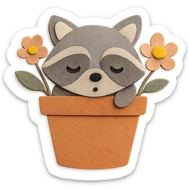 a sleepy raccoon inside a flower pot with a few flowers inside the pot, pastel earthy colors, paper craft style sticker