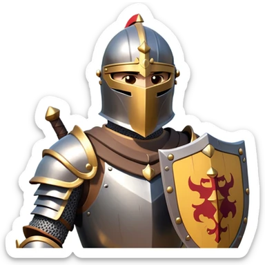 clash-of-clans-aesthetic_-cinematic-fearsome-and-majestic-knight-bust-portrait-emoji, rendered in a flat, vector-style with minimal shading and bold, simplified shapes, depicting a battle-ready medieval knight with steely eyes and intricate armor, mounted on a warhorse reflecting sunlight over a misty battlefield. sticker