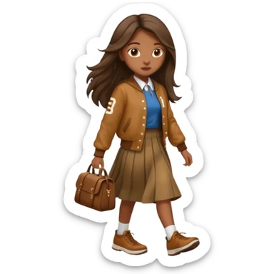 black color long hair girl with brown varsity jacket and long skirt walking  sticker
