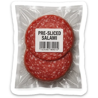 pre-sliced salami in clear vacuum-sealed plastic packaging with visible label, studio lighting, clean background sticker