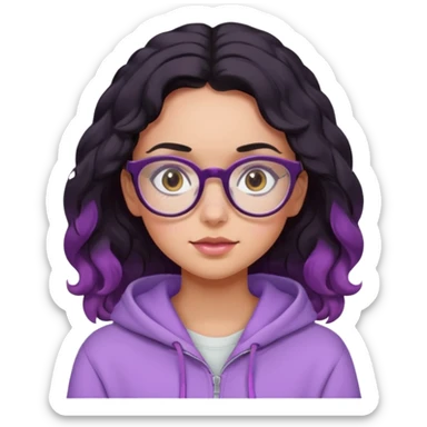 emoji of a woman, slighty tanned skin, cute freckles, pink cheeks, wavy black hair, big frame glasses and cute eyes, wearing a lilac hoodie  sticker