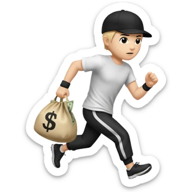 Thief with black cap white t-shirt with black tripes all ower the shirt emoji runing with money bag sticker