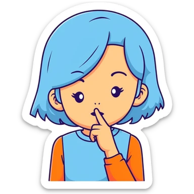 girl wearing pastel blue clothes with finger on lips making a quiet shh gesture sticker