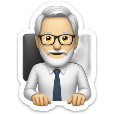 old man with grey hair and beard and glasses sitting at a desktop with 3 monitors sticker