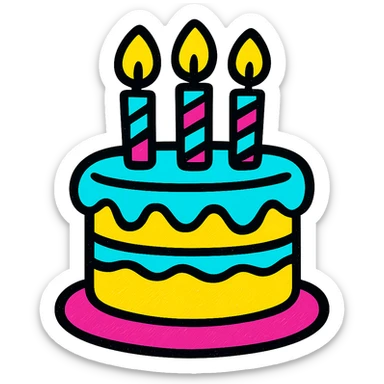 decorated cake with candles, festive and vibrant, pop colors style sticker