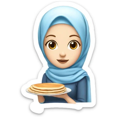 White girl with blue eyes and baby pink hijab holding a plate of pancakes sticker