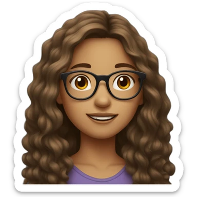 Girl with long wavy brown hair glasses and a mole sticker